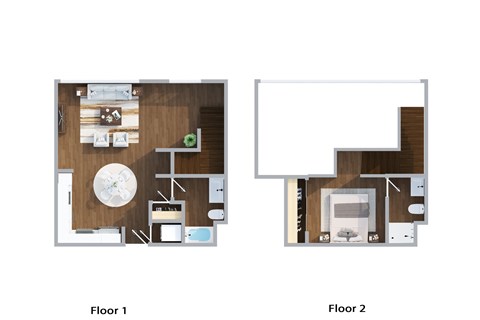 Floor plan for 1 bed, 2 baths, 881 sqft